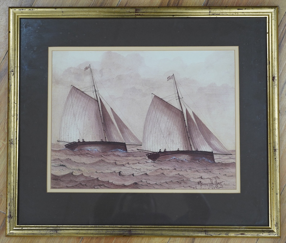 From the Studio of Fred Cuming. Late 19th/early 20th century naïve School, sanguine watercolour, 'Smacks', indistinctly signed and inscribed lower right, 28 x 37cm. Condition - fair to good